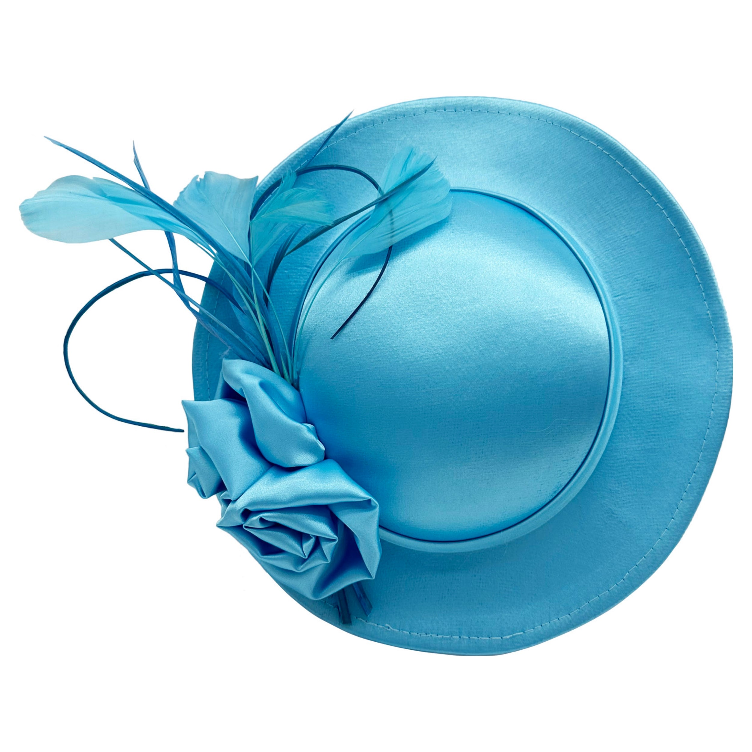Satin Hatinator with Rose Flowers and Curled Feathers