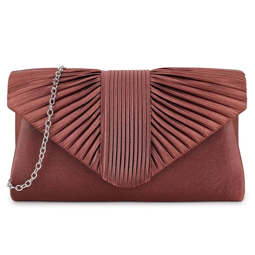 Pleated Satin Evening Clutch Bag- BROWN